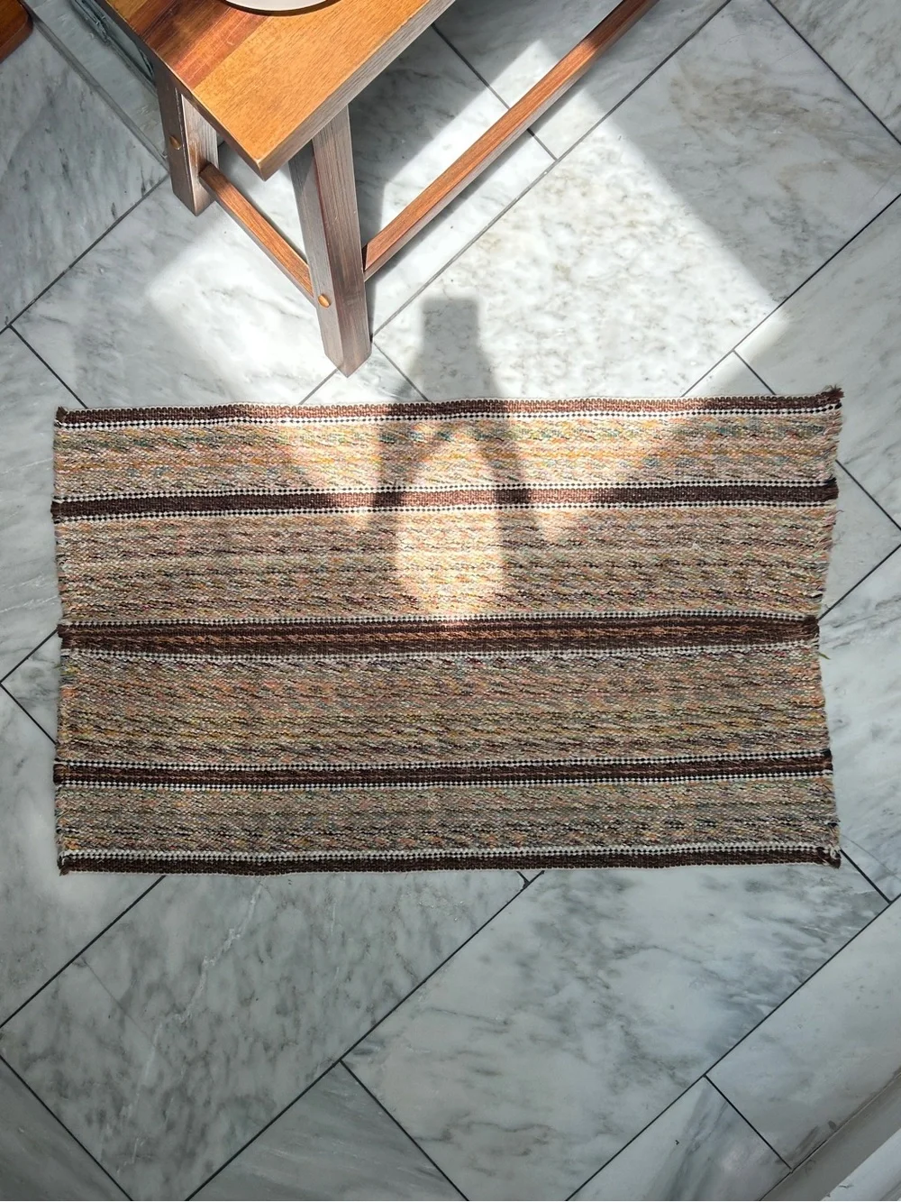 Vintage Colorful Wool Striped Throw Rag Rug Door Mat 3’ x 2’ Brown